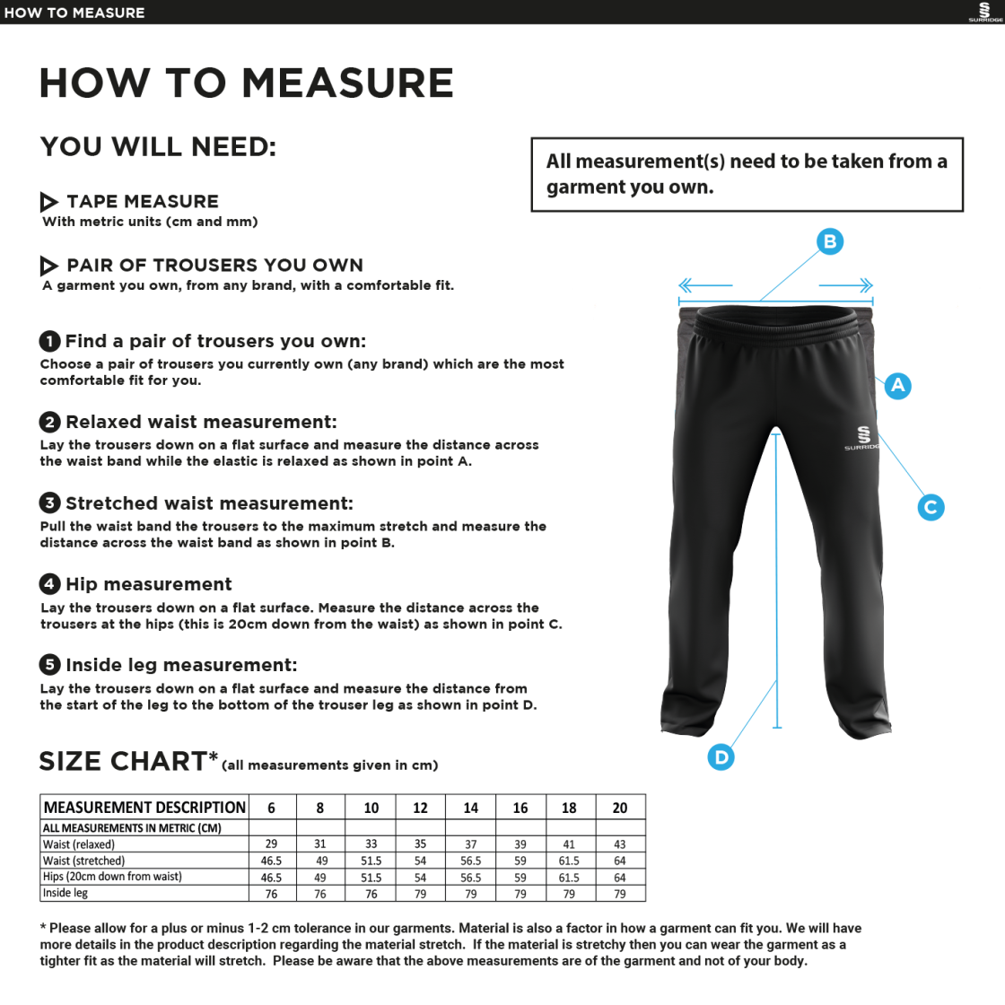 Castle Donington Cricket Club Women's Rip Stop Track Pant - Size Guide