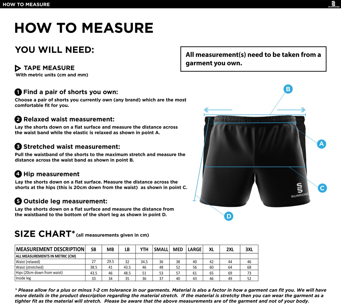Castle Donington Cricket Club Dual Gym Shorts - Size Guide
