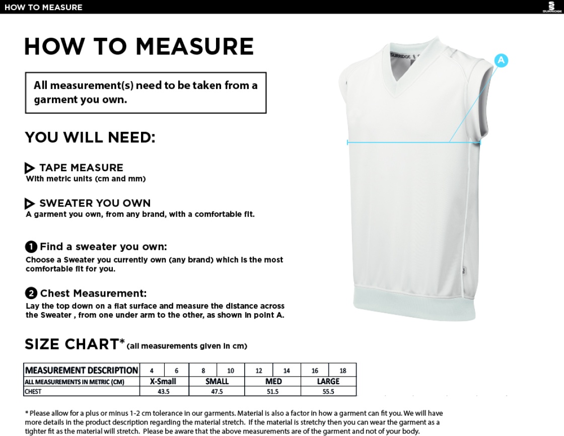 Castle Donington Cricket Club Blast Sleeveless Women's Cricket Sweater - Size Guide