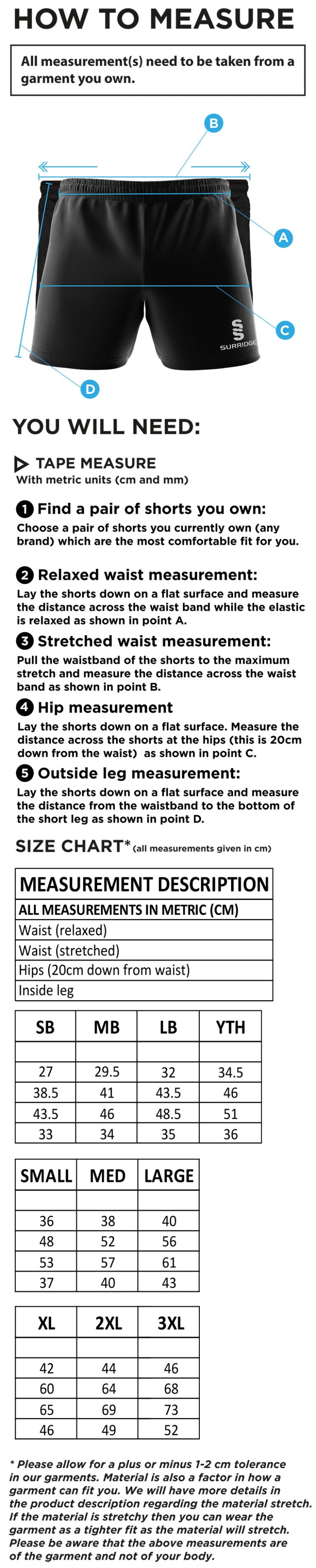 Castle Donington Cricket Club Dual Gym Shorts - Size Guide