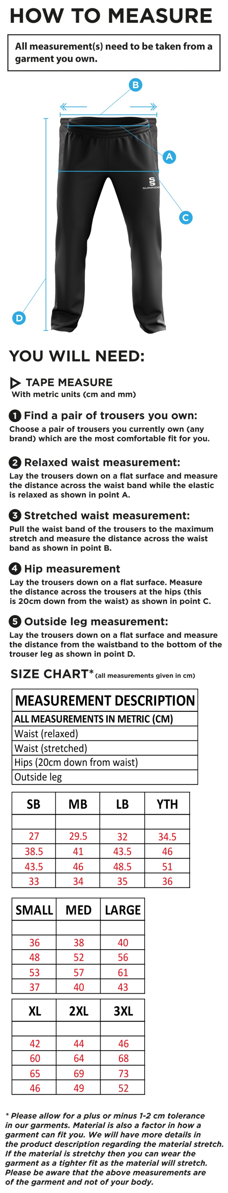 Castle Donington Cricket Club Ripstop Track Pant - Size Guide