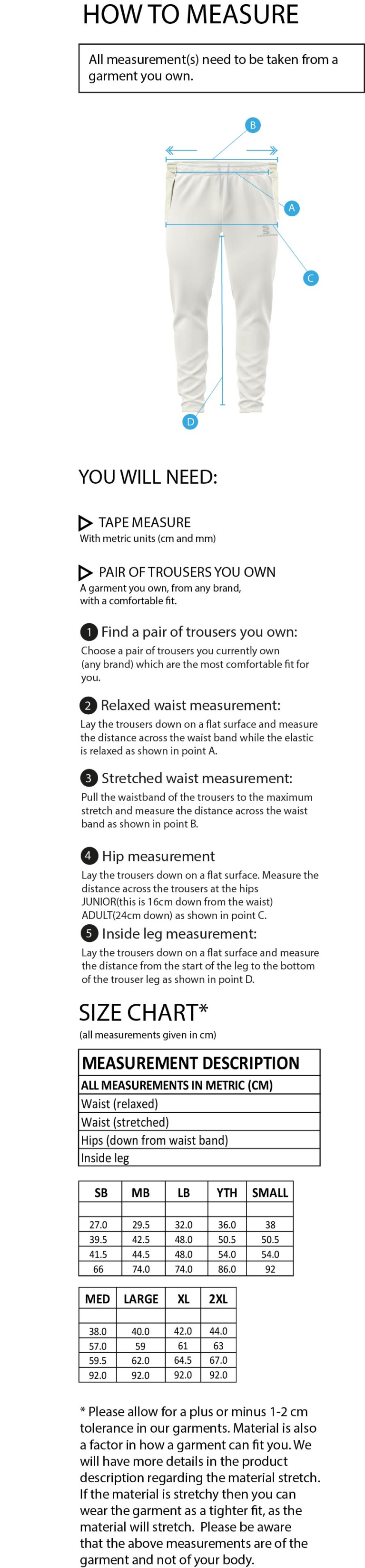 Castle Donington Cricket Club Coloured Cricket Trousers - Size Guide