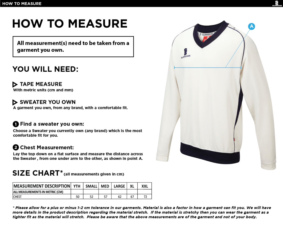 Castle Donington Cricket Club Curve Long Sleeve Sweater - Size Guide