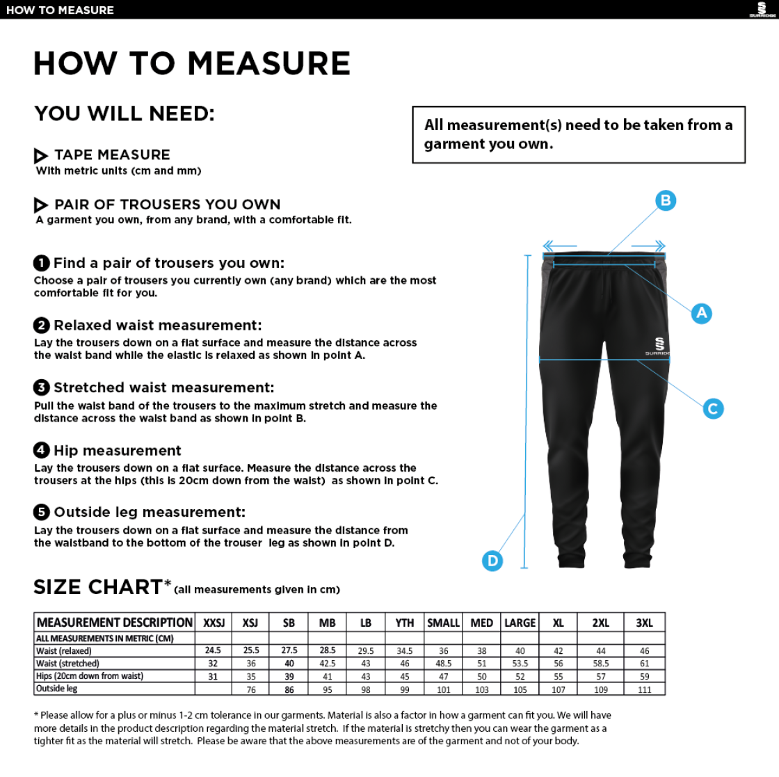 Castle Donington Cricket Club Slim Training Pants - Size Guide