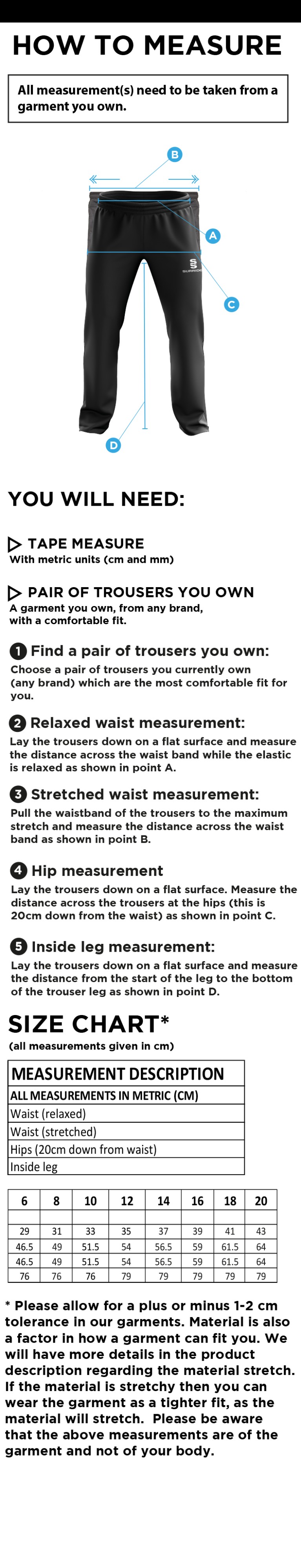 Castle Donington Cricket Club Women's Rip Stop Track Pant - Size Guide