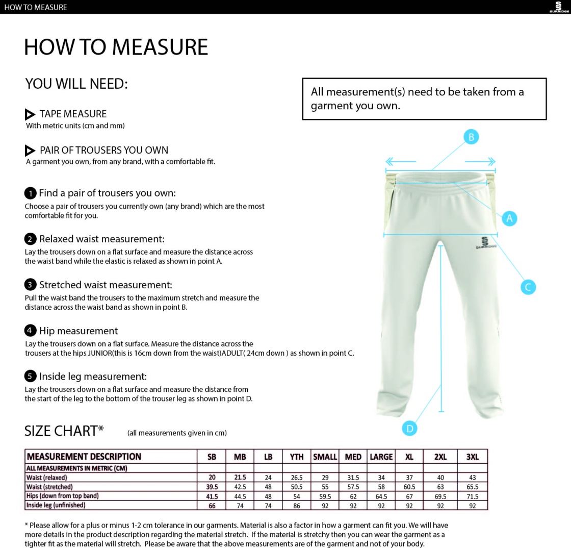 Castle Donington Cricket Club Standard Fit Cricket Trousers - Size Guide