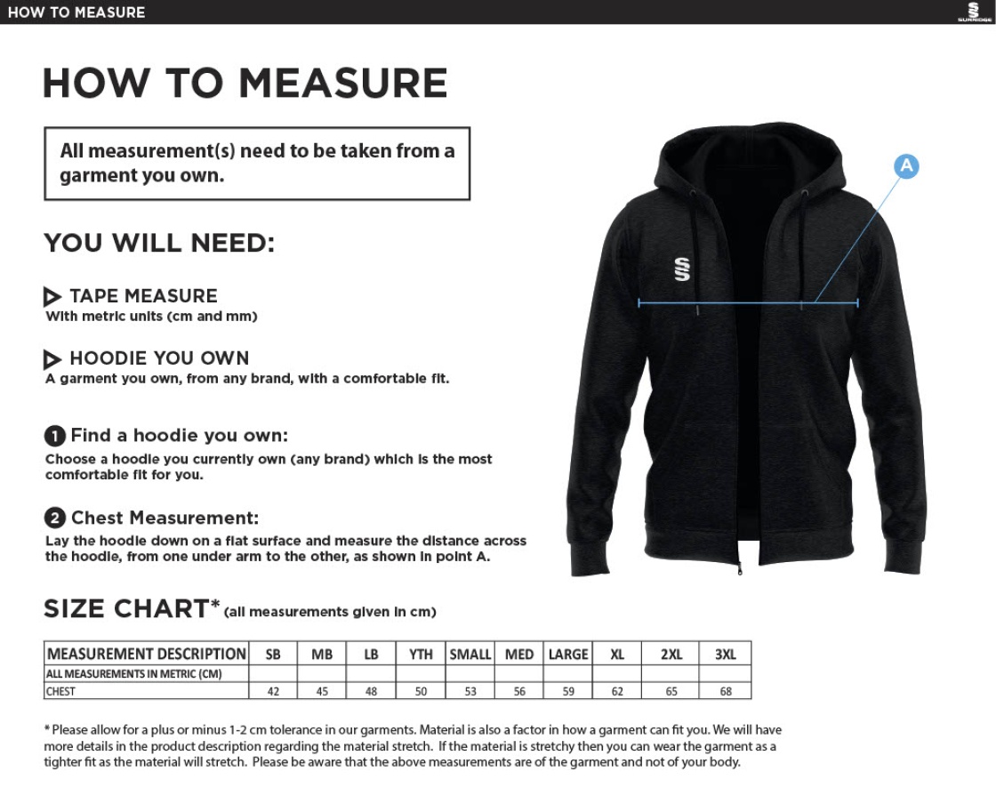 Castle Donington Cricket Club Dual Bonded Full Zip Hoody - Size Guide