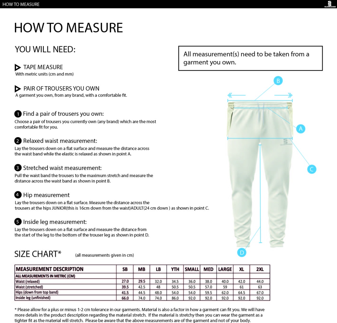 Castle Donington Cricket Club Coloured Cricket Trousers - Size Guide