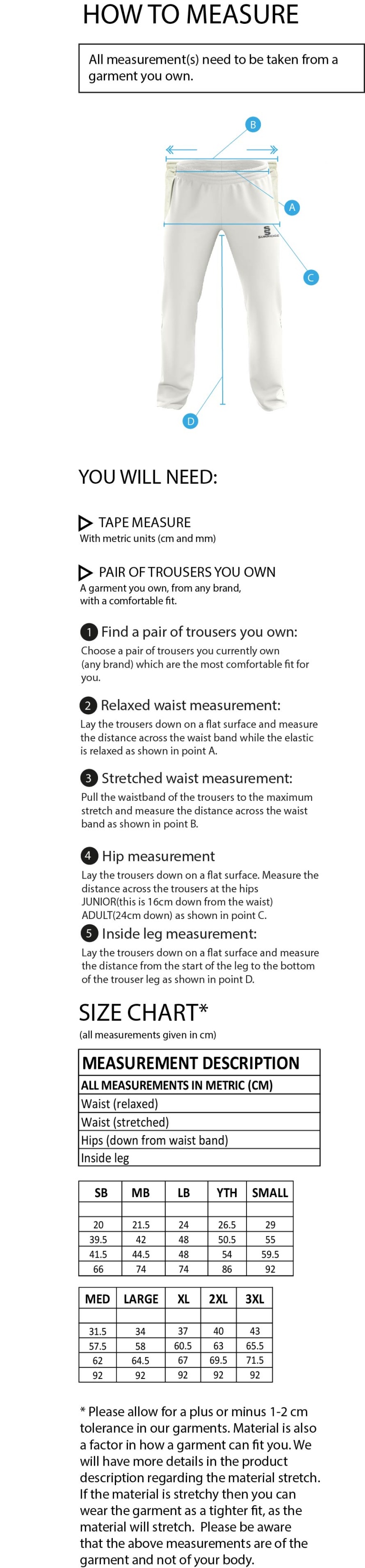 Castle Donington Cricket Club Standard Fit Cricket Trousers - Size Guide
