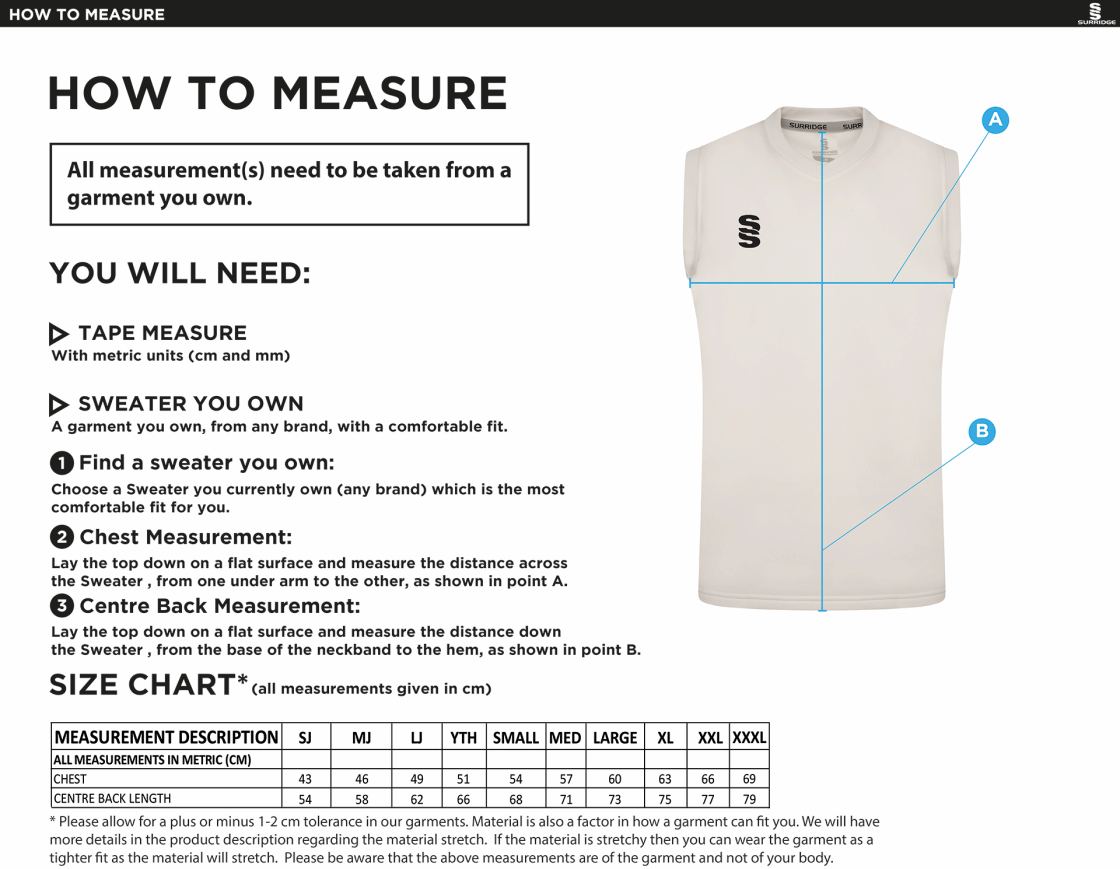 Castle Donington Cricket Club Blast Sleeveless Cricket Sweater - Size Guide