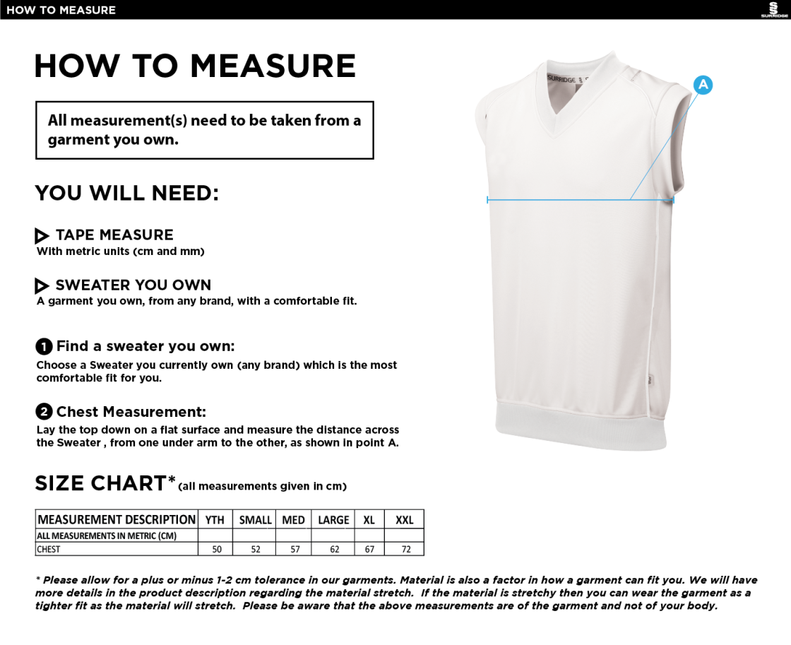 Castle Donington Cricket Club Curve Sleeveless Sweater - Size Guide