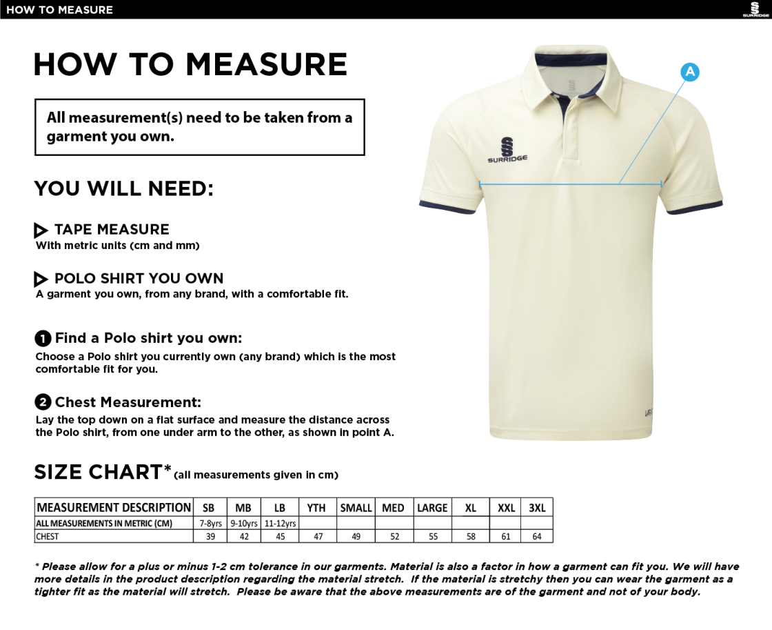 Castle Donington Cricket Club Ergo Short Sleeve Playing Shirt - Size Guide