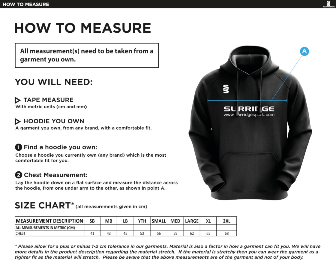 Castle Donington Cricket Club Blade Hoody - Size Guide