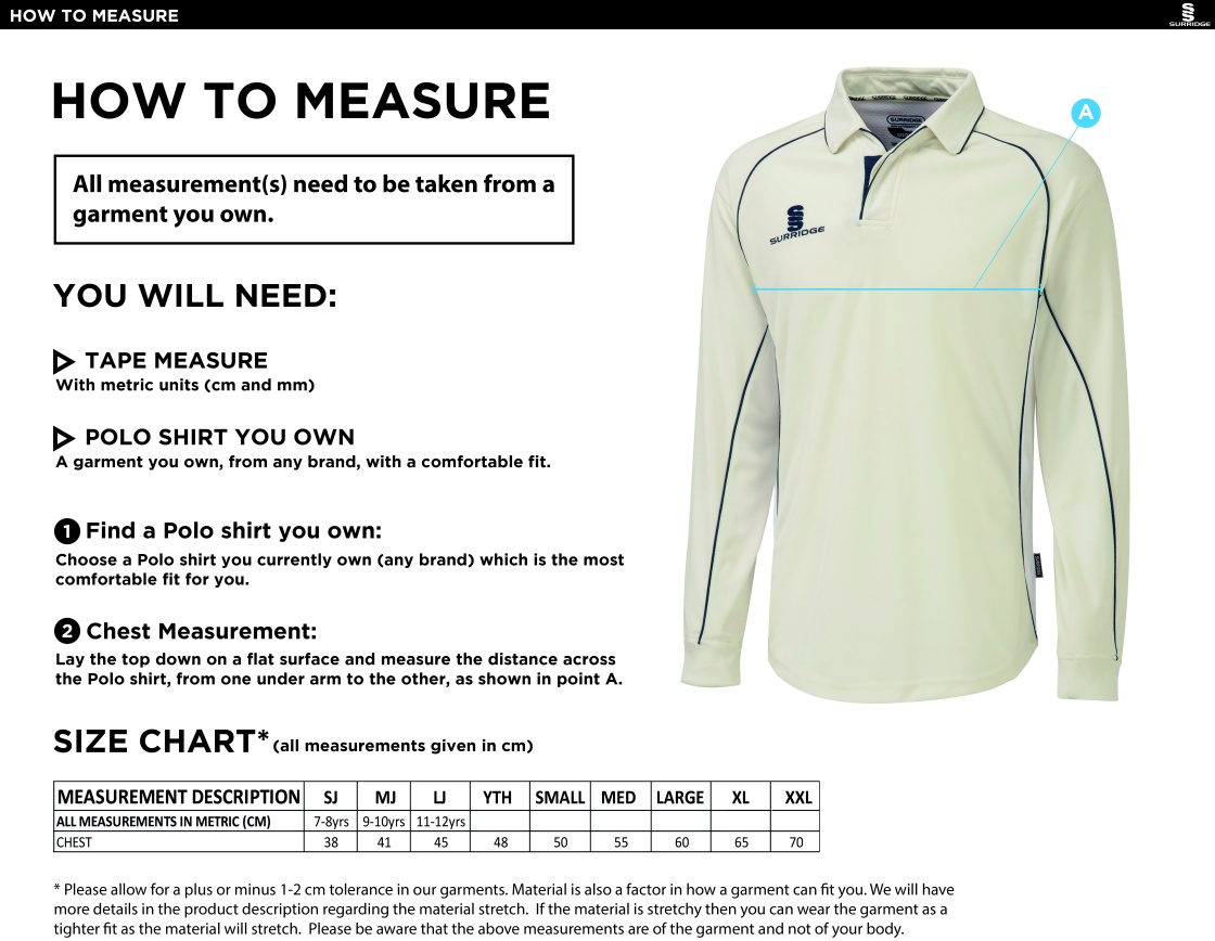 Castle Donington Cricket Club Premier Long Sleeve Playing Shirt - Size Guide