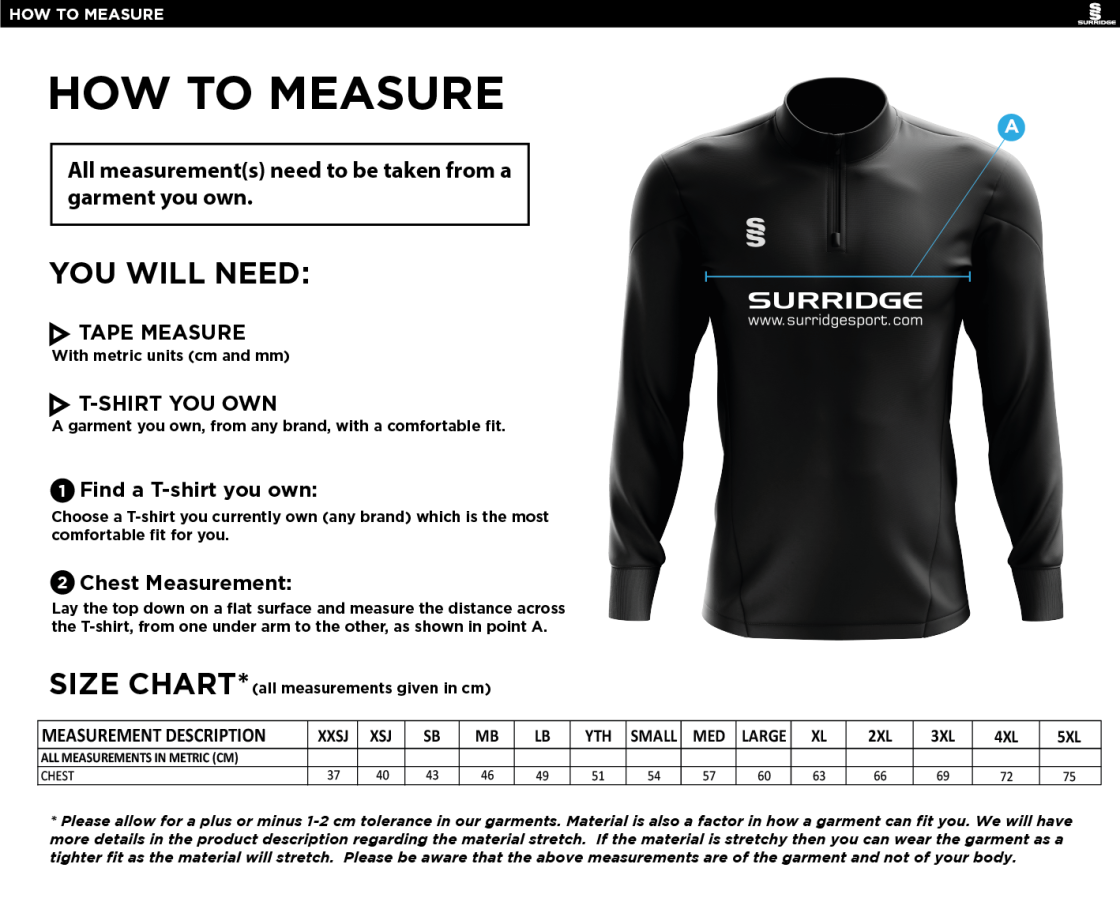 Castle Donington Cricket Club Dual Performance 1/4 Zip Top - Size Guide