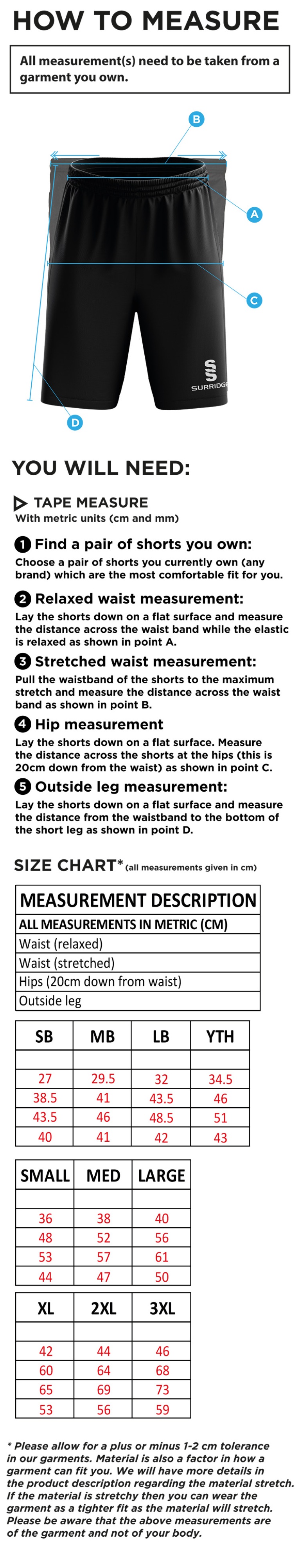 Castle Donington Cricket Club Ripstop Leisure Shorts - Size Guide