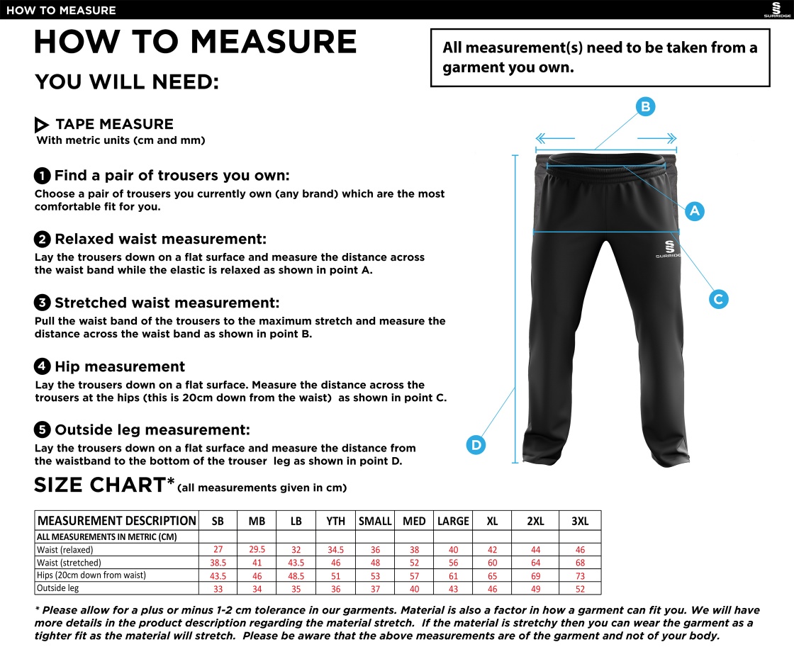 Castle Donington Cricket Club Ripstop Track Pant - Size Guide