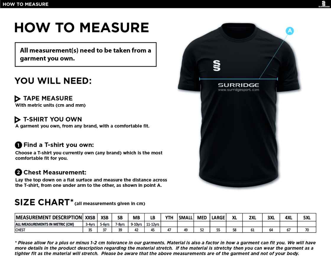 Castle Donington Cricket Club Blade Training T-shirt - Size Guide