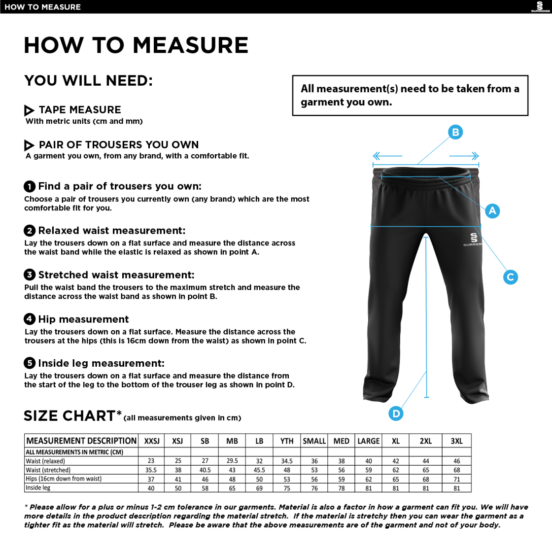 Castle Donington Cricket Club Poplin Track Pant - Size Guide