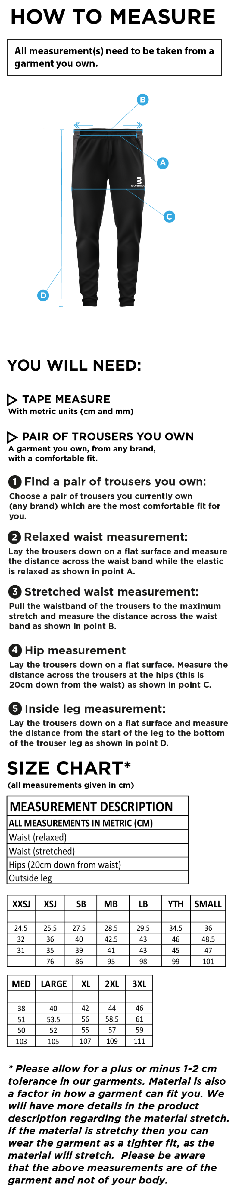 Castle Donington Cricket Club Slim Training Pants - Size Guide