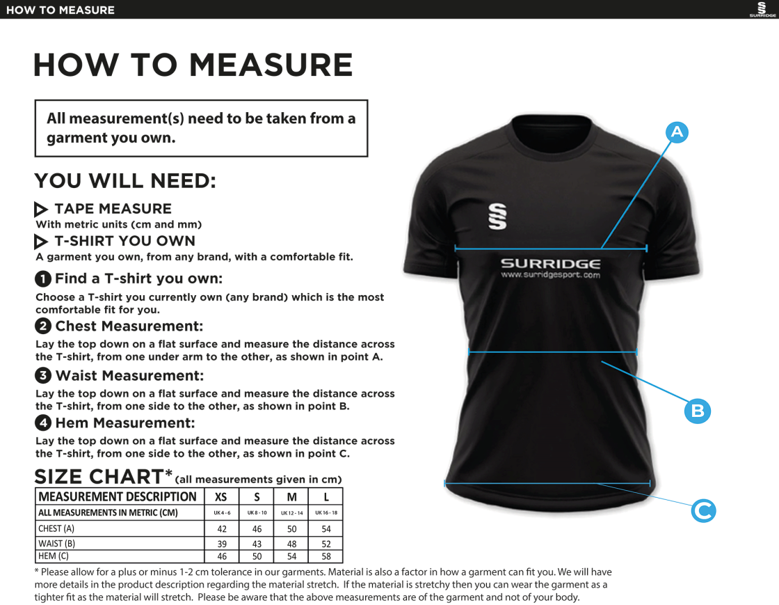 Castle Donington Cricket Club Women's Dual Polo Shirt - Size Guide