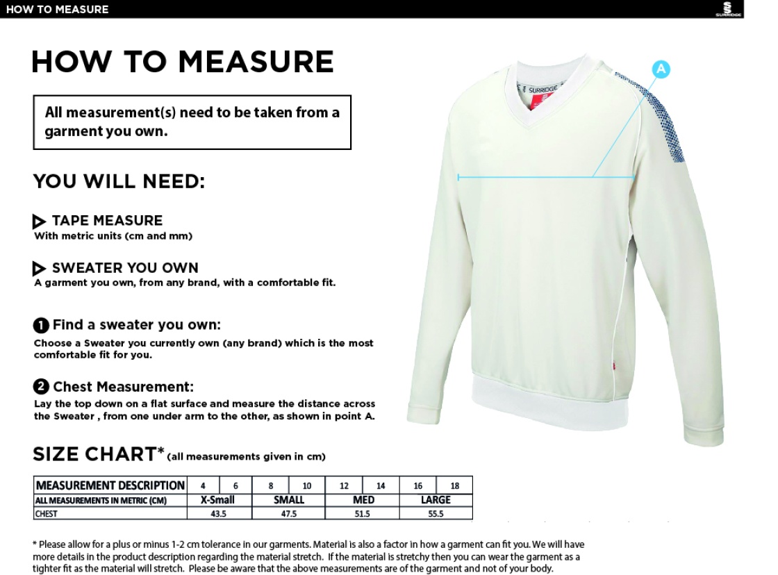 Castle Donington Cricket Club Blast Long Sleeve Women's Cricket Sweater - Size Guide