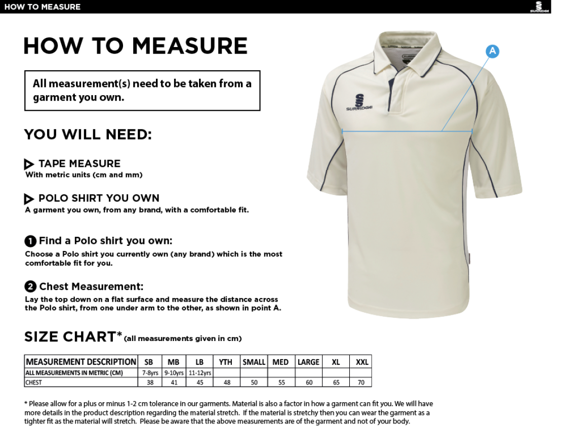 Castle Donington Cricket Club Premier 3/4 Sleeve Playing Shirt - Size Guide