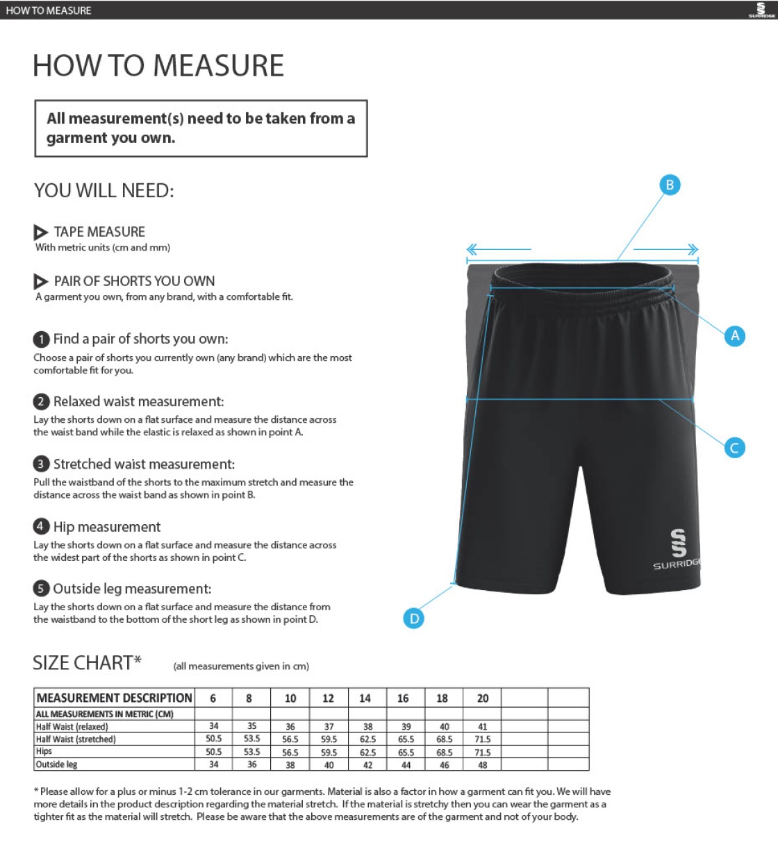 Castle Donington Cricket Club Women's Ripstop Leisure Shorts - Size Guide