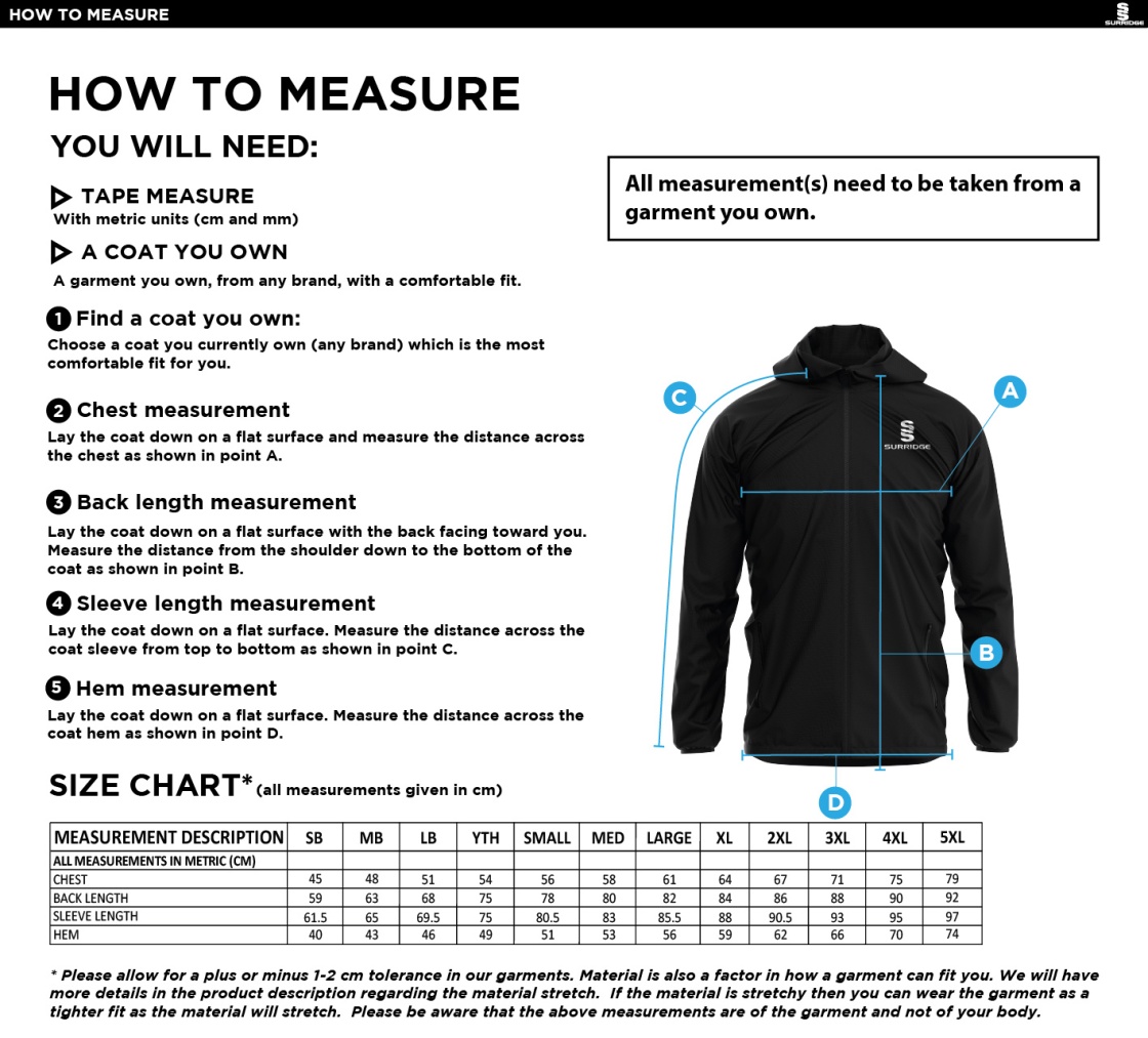 Castle Donington Cricket Club Lightweight Full Zip Training Jacket - Size Guide