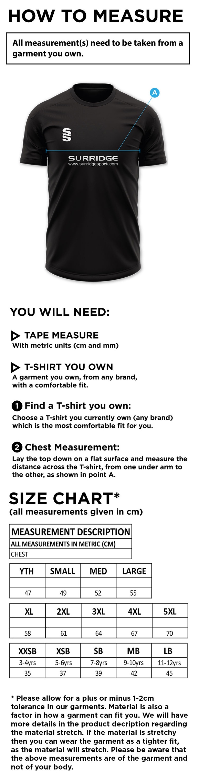 Castle Donington Cricket Club Dual Gym Shirt - Size Guide