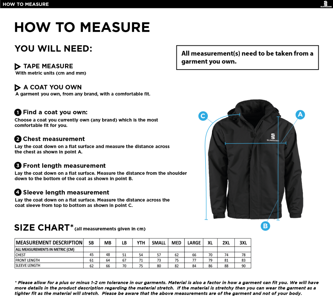 Castle Donington Cricket Club Fleeced Line Jacket - Size Guide
