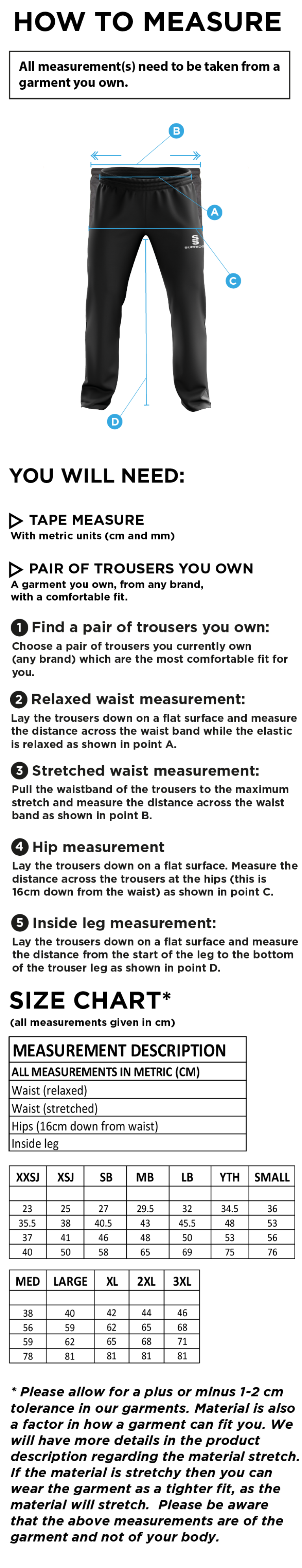 Castle Donington Cricket Club Poplin Track Pant - Size Guide