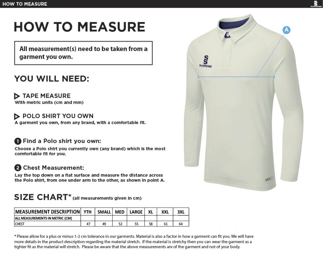 Castle Donington Cricket Club Ergo Long Sleeve Playing Shirt - Size Guide