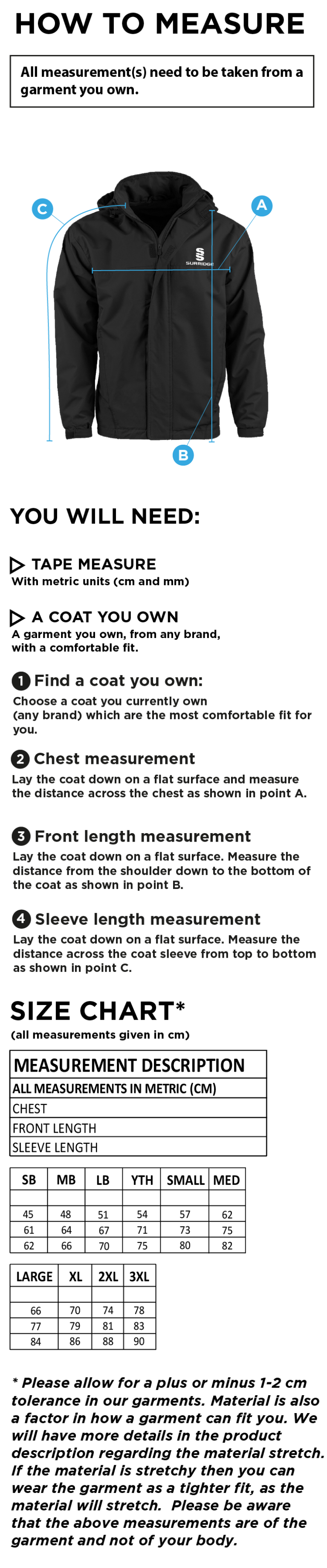 Castle Donington Cricket Club Fleeced Line Jacket - Size Guide